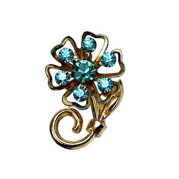 Coro Blue Rhinestone Flower Brooch Mid-Century Gold Tone Costume Jewelry - Picture 4 of 4